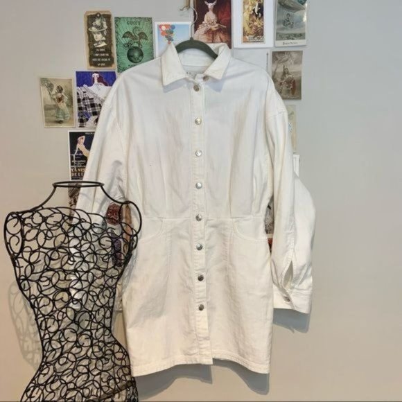 IRO RAFFA BALLOON SLEEVE DENIM COLLARED BLOUSON BUTTON MINI DRESS WHITE 42 NWT - Picture 4 of 12